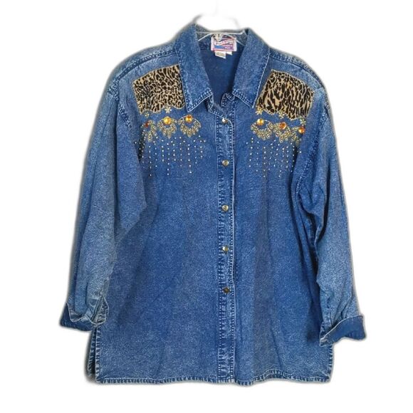 Pearl River Rhinestone Animal Print Denim Shirt Women's Plus 2X VINTAGE - Picture 1 of 4